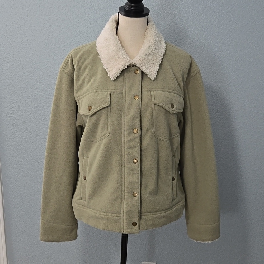 FAHERTY High Pile Fleece Lined Trucker Jacket Sz Large In Sea Grass Green - Picture 2 of 16